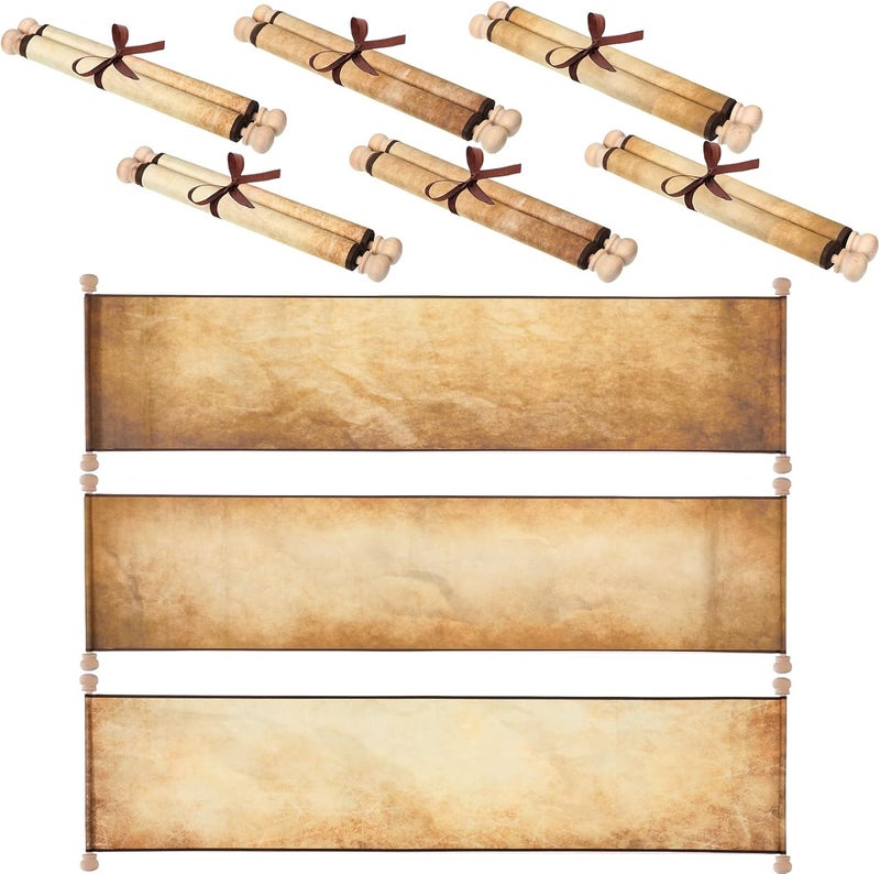 Sinmoe 6 Pcs Blank Scrolls Paper with Wood Rods Vintage Quick Drop Old Scrolls Paper with Rods for Writing Drawing Calligraphy Wedding Vows Invitation Cosplay Prop Renaissance Festivals, 7.3 x 30-32 Inch - Image 1